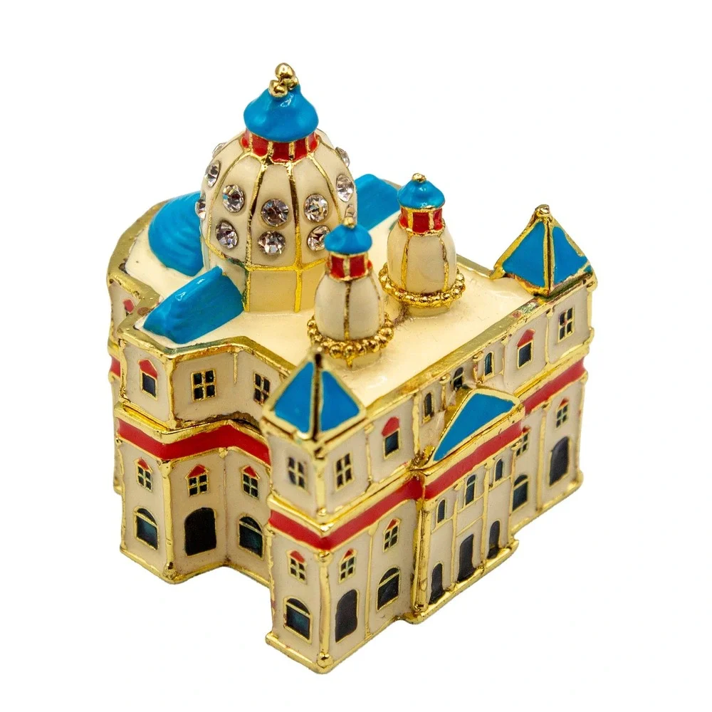 Work of Art Enameled Cathedral Trinket Box Gold Tone Crystal Jeweled Hinged Case